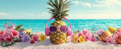 The pineapple wearing headphones and sunglasses in a vibrant beach setting. photo