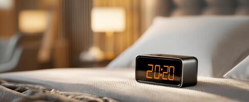 The sleek modern alarm clock illuminating the peaceful bedroom at night. photo