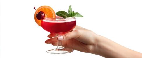The vibrant cocktail garnished with cherry and orange slice in a hand. photo