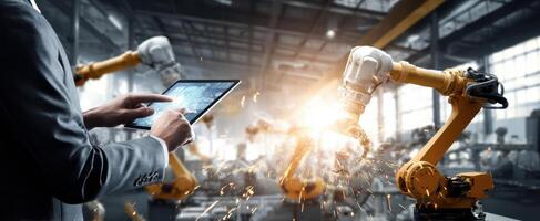 The engineer controlling robotic arms in a modern industrial setting. photo