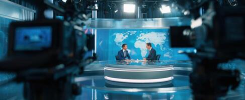 The news anchors engaging in discussion within a modern broadcasting studio. photo