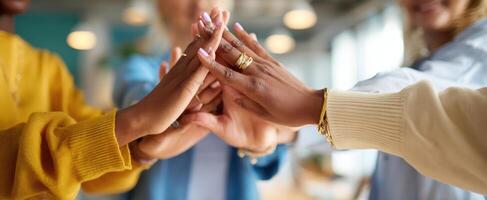 The unity of hands celebrating teamwork and friendship in a professional setting. photo