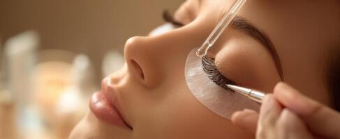 The beauty treatment featuring a woman getting eyelash extensions in a salon setting. photo