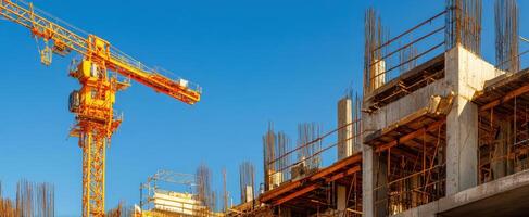 The construction site showcasing a crane and building framework against a clear blue sky. photo