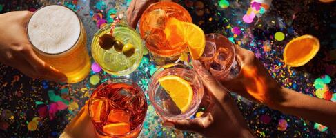The vibrant assortment of cocktails amidst a lively celebration scene. photo