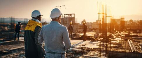 The construction workers overseeing progress at a sunset-lit building site. photo