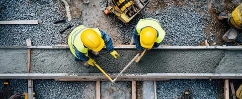 The skilled workers pouring concrete on a construction site during the day. photo