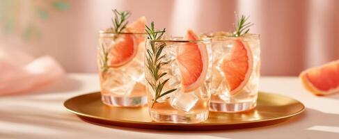 The refreshing cocktails served on a golden tray with rosemary and grapefruit garnishes photo
