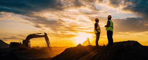 The construction workers silhouetted against a beautiful sunset on a work site. photo