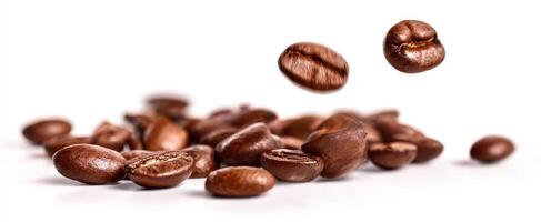 The beauty of coffee beans scattered and floating in mid-air. photo