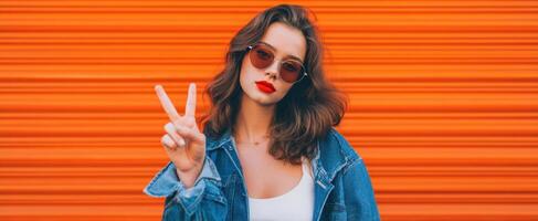 The stylish woman in sunglasses flashing a peace sign against an orange background. photo