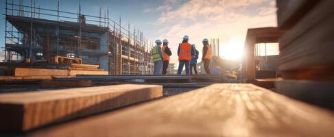 The construction workers collaborating at sunset on a busy job site. photo