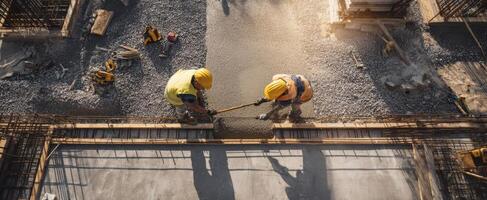 The dedicated workers pouring concrete at a construction site in sunlight. photo