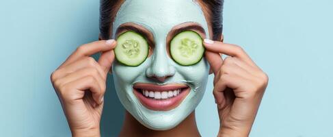 The woman enjoying a refreshing facial mask with cucumber slices on her eyes. photo