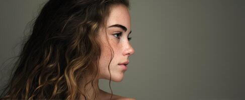 The profile of a young woman with curly hair and a serene expression. photo