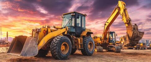 The heavy machinery working on a construction site at sunset. photo
