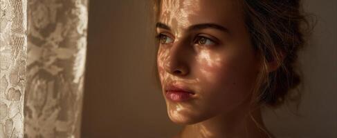 The ethereal beauty of a woman illuminated by soft sunlight and delicate shadows. photo