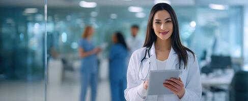 The confident doctor holding a tablet in a modern healthcare environment. photo