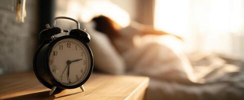 The alarm clock signaling a new day in a sunlit bedroom. photo