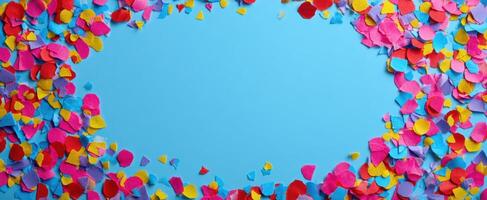 The colorful confetti creating a vibrant border on a blue background. photo