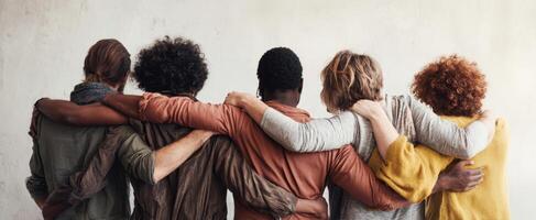 The diverse group of friends embracing each other in a candid moment. photo