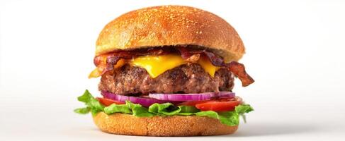 The mouth-watering burger topped with bacon and cheese on a sesame bun. photo