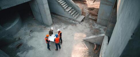 The teamwork of construction workers planning a building project on-site. photo
