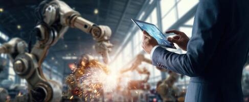 The innovative worker monitoring robots with a tablet in a high-tech factory environment. photo