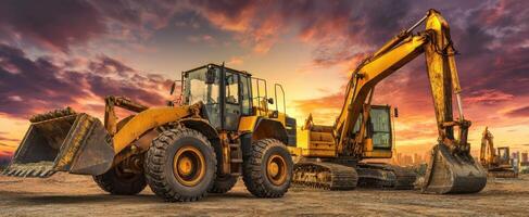 The heavy construction machinery against a dramatic sunset backdrop in an industrial setting. photo