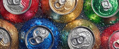 The vibrant collection of colorful beverage cans with droplets. photo