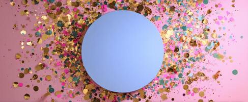 The Colorful Circular Design Surrounded by Sparkling Confetti on a Pink Background photo