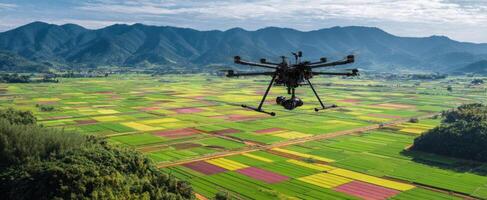 The drone surveying vibrant agricultural fields and stunning mountain landscapes. photo