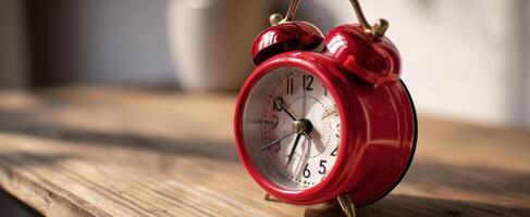 The vintage red alarm clock on a wooden table in soft morning light. photo