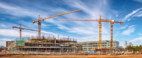 The construction site showcasing cranes and a modern building under development photo