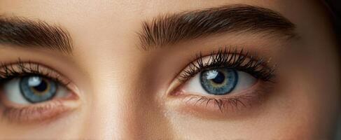 The captivating close-up of mesmerizing blue eyes and delicate features photo