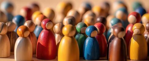 The colorful wooden figures representing a vibrant and diverse community in focus. photo