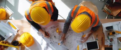 The team of construction professionals analyzing blueprints at a work table photo