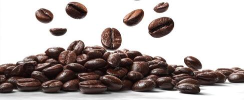 The floating coffee beans creating a dynamic culinary experience. photo
