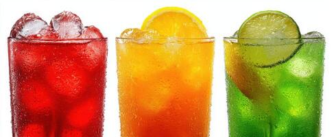 The vibrant selection of refreshing drinks with ice and citrus fruits. photo