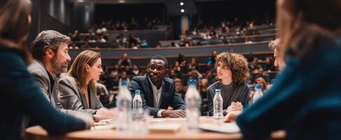 The engaging discussion among diverse professionals in a dynamic conference setting. photo