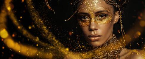 The stunning woman adorned in shimmering gold glitter and artistic makeup. photo