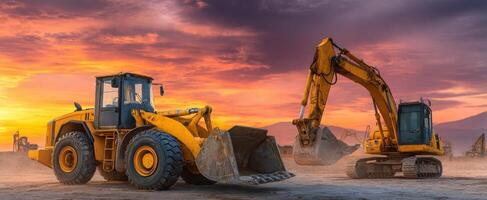 The construction machinery working together under a vibrant sunset sky. photo