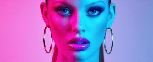The striking beauty portrait with vibrant lighting and bold makeup features. photo