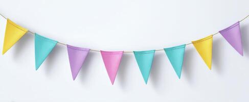 The colorful bunting flags hanging in a cheerful and festive arrangement. photo