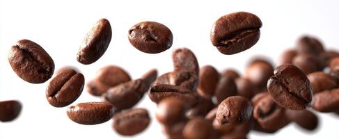 The cascading coffee beans highlighting rich flavors and aromas of freshly roasted products. photo