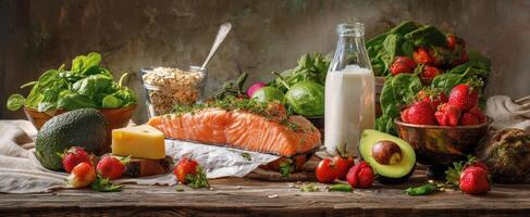 The vibrant arrangement of healthy foods featuring fresh salmon and colorful vegetables photo