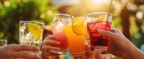 The Vibrant Celebration of Colorful Drinks at Sunset with Friends photo