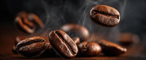 The captivating dance of coffee beans floating in aromatic steam. photo
