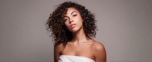 The captivating portrait of a confident woman with beautiful curly hair. photo