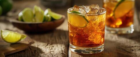 Two glasses of alcohol with lime and lime slices photo
